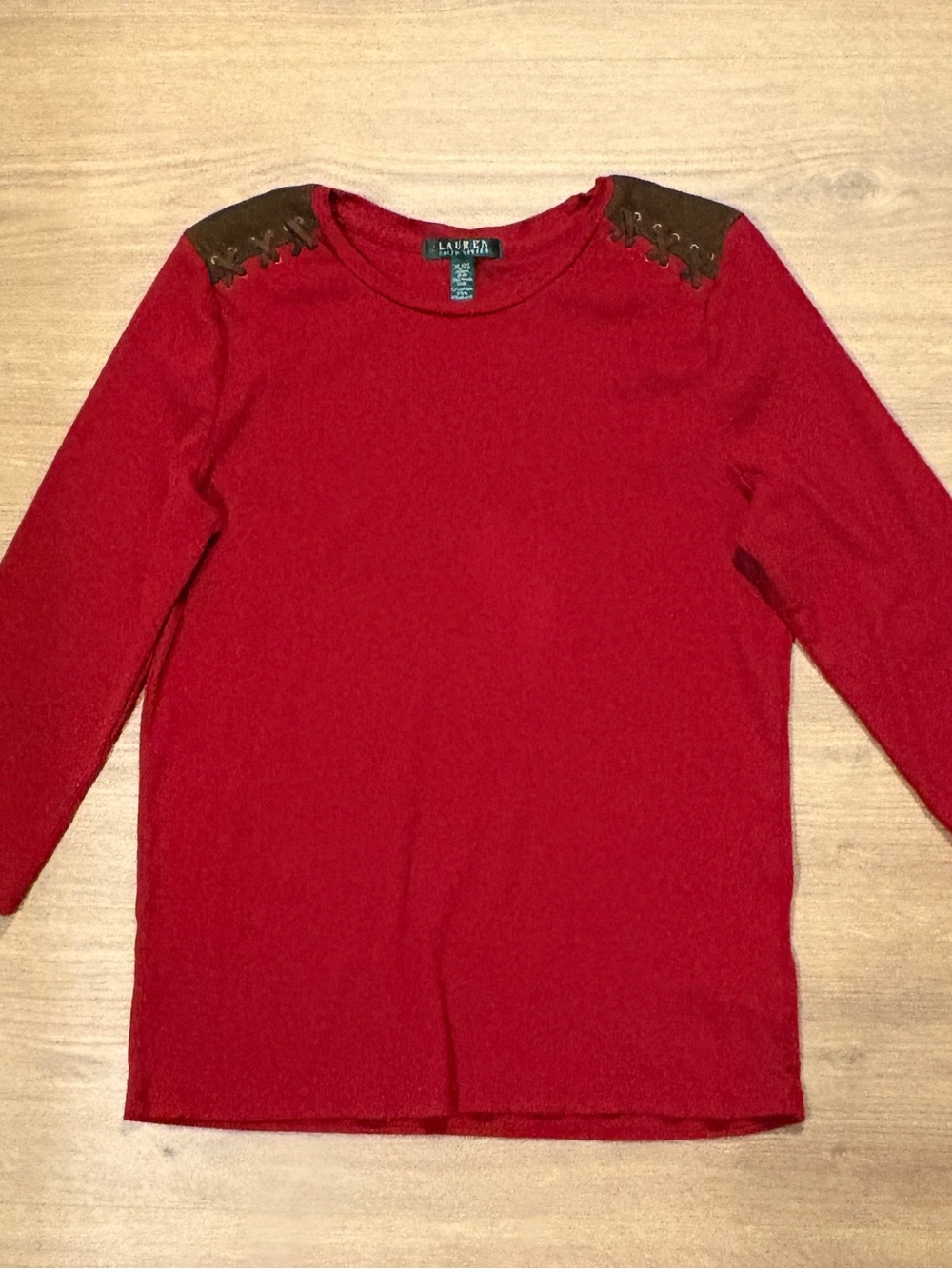 Ralph Lauren Red Long Sleeve Top with Brown Shoulder Panels